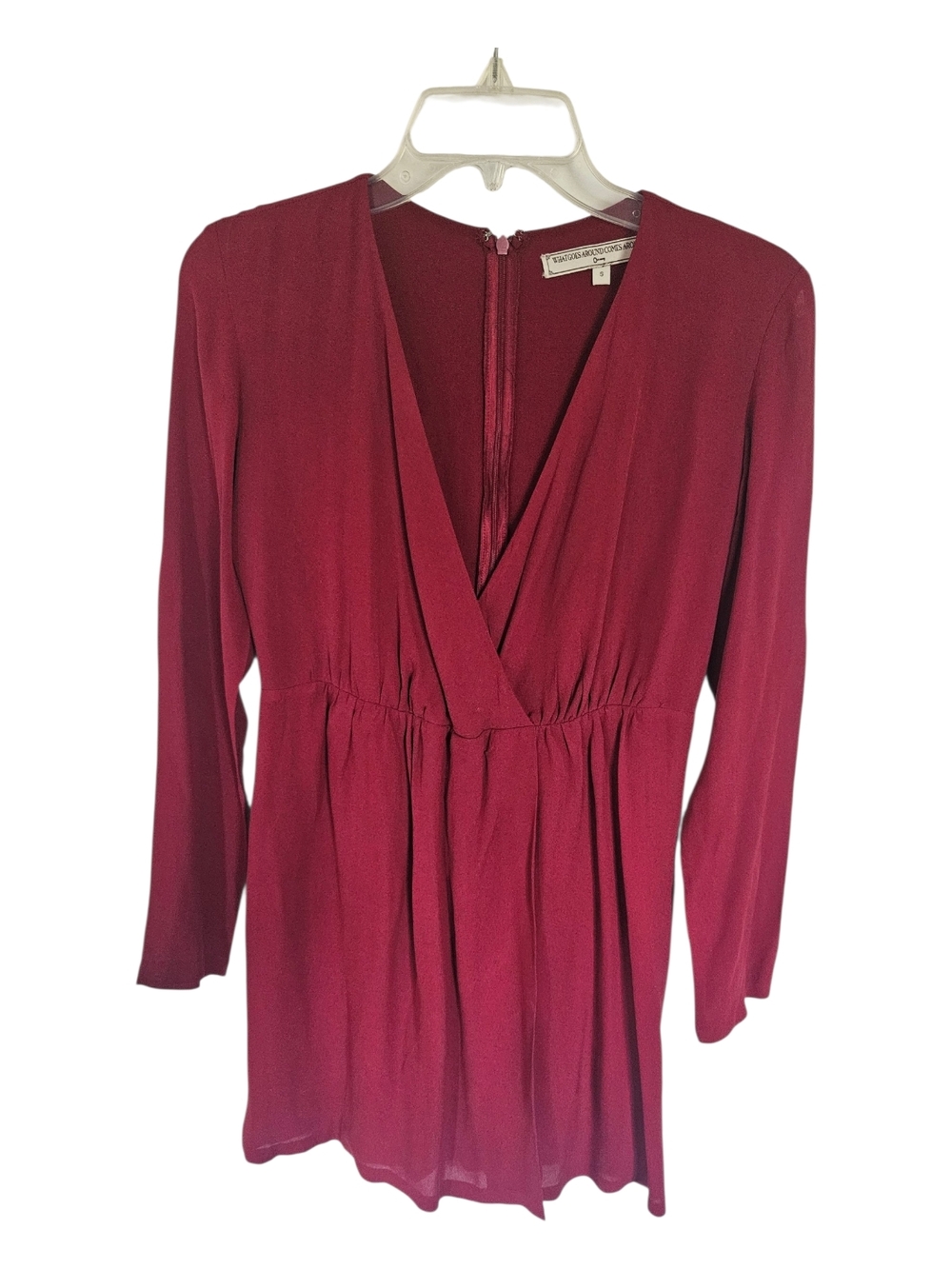 Deep Wine Red V-Neck Long Sleeve Dress